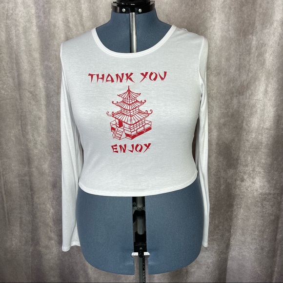 Fashion Nova “THANK YOU ENJOY” White Long Sleeve Ribbed Tee NWT Size 2X - Picture 3 of 13